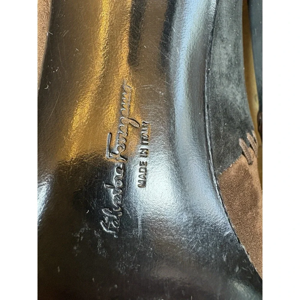 Salvatore Ferragamo Vtg Suede Whipstitch Heels Italy‎ 9.5 Black Brown Patchwork